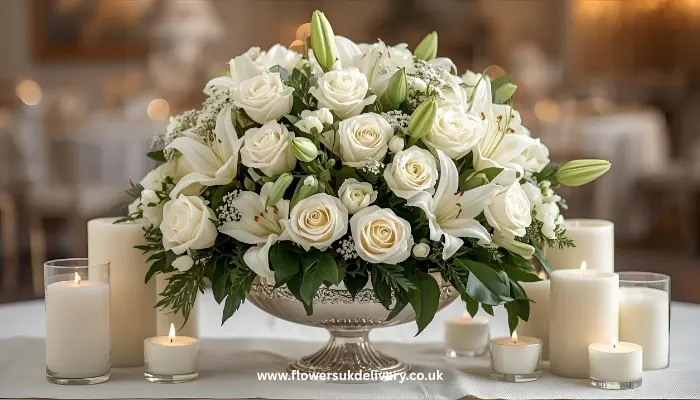 image-alt: elegant white flower arrangement featuring roses and lilies in silver vase surrounded by white pillar candles