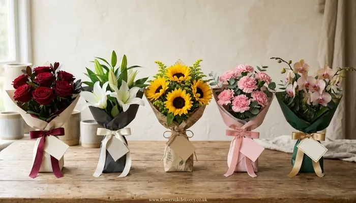 Different flowers representing love, sympathy, happiness and affection