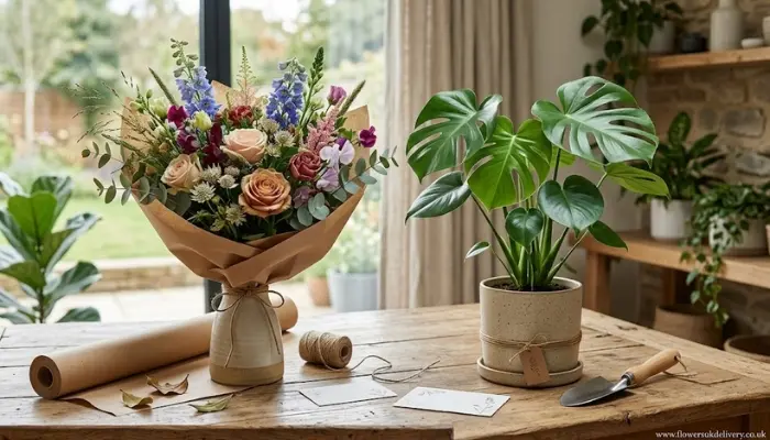 Seasonal flower bouquet and potted plant for sustainable gifting