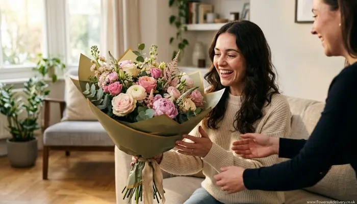 Person receiving a beautiful flower bouquet as a thoughtful gift
