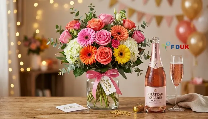 Birthday flowers and wine gift ideas with roses and sparkling rosé UK delivery Placement: Below Introduction Relevance: Sets the visual tone for the whole article and shows the core gift idea
