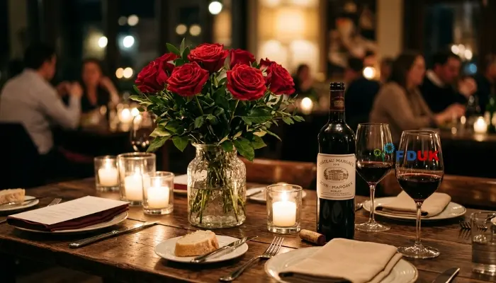 Send flowers UK — red roses and Merlot romantic gift for anniversaries and Valentine's Day Placement: Inside Section 3 Relevance: Visually captures the romantic pairing described in this section