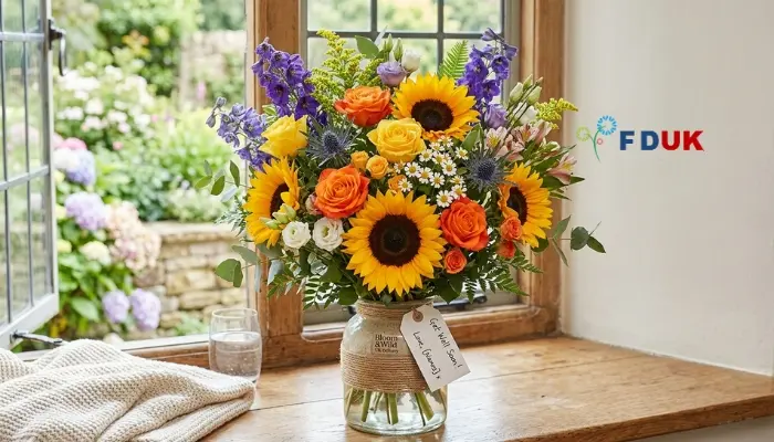Personalized Get Well Soon Gifts UK – flowers with chocolates and teddy bear Relevance: Illustrates how to build a complete, personalized gift bundle