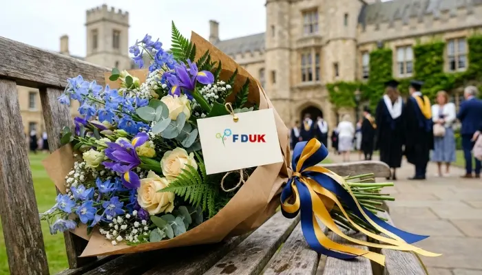 A personalised graduation flower bouquet with a Personal message card and university-coloured ribbons