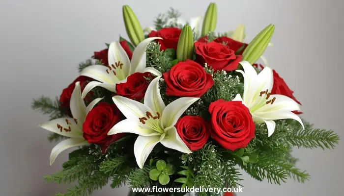 Christmas flowers delivery UK festive bouquet red roses white lilies