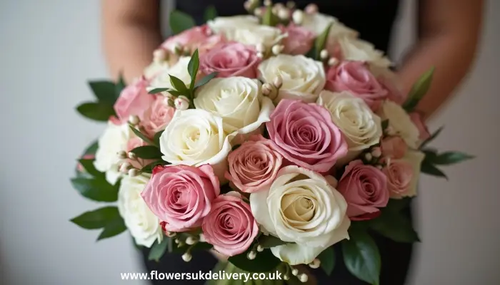 A florist carefully arranging a large bouquet with lilies, roses, and eucalyptus