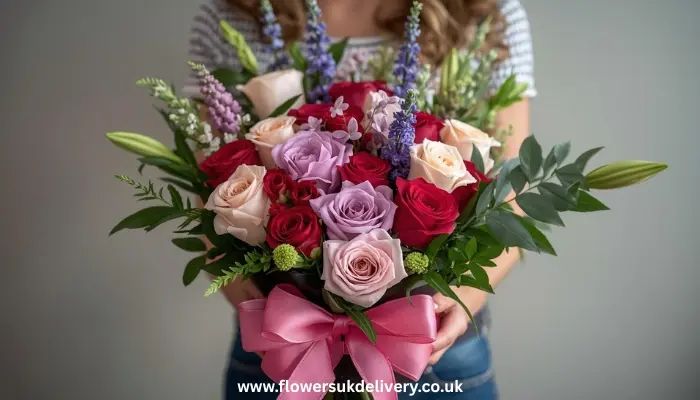 A close-up of pink carnations, roses, and tulips in a vase on a white table