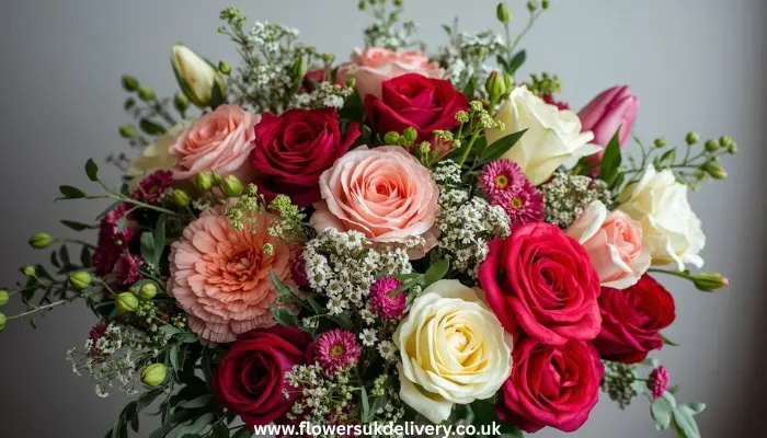 A beautifully decorated floral-themed cake next to a bouquet of roses