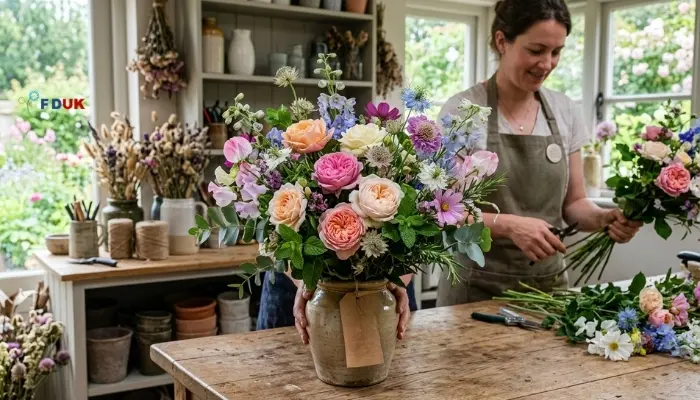 fresh seasonal flowers arranged by UK florist Relevance: Visually reinforces the freshness and craftsmanship benefits of seasonal buying