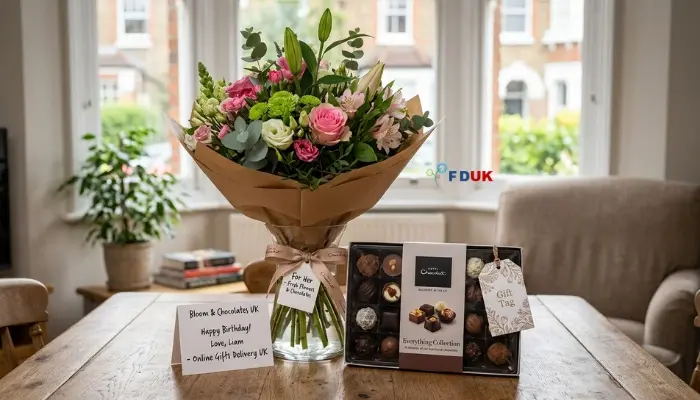 online gifts delivery in UK flowers and chocolates Relevance: Shows the add-on pairing idea in practice