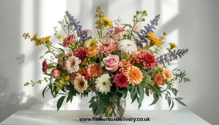 Fresh flowers UK modern birthday arrangement with seasonal blooms