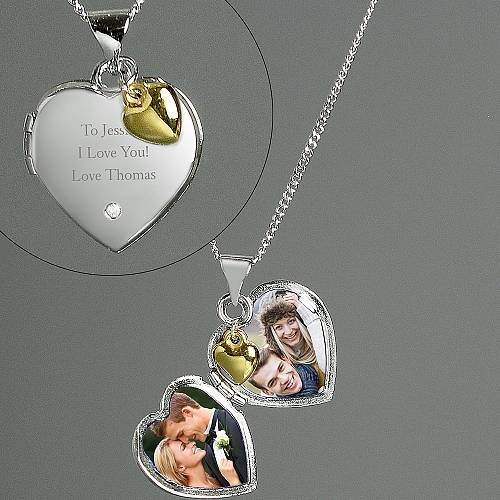 Personalised Sterling Silver Heart Locket Necklace with Diamond and 9ct Gold Charm