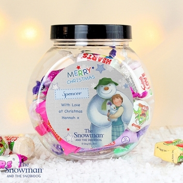 PERSONALISED THE SNOWMAN AND THE SNOWDOG BLUE SWEET JAR