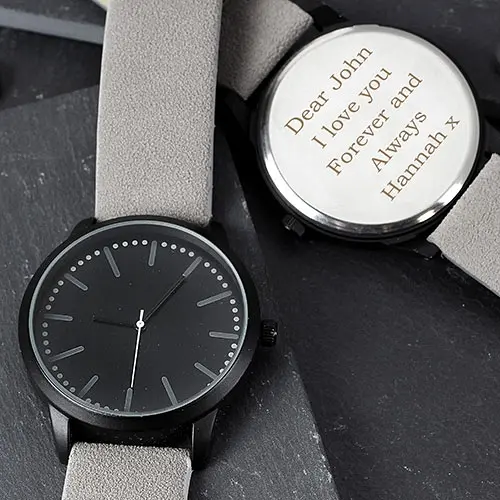 Personalised Mens Matte Black Watch with Grey Strap and Presentation Box