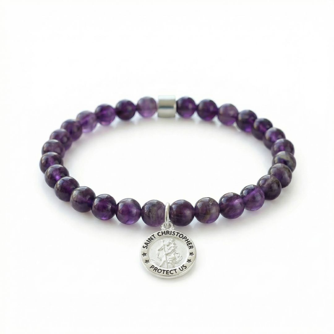 Amethyst & Sterling Silver Saint Christopher Bracelet