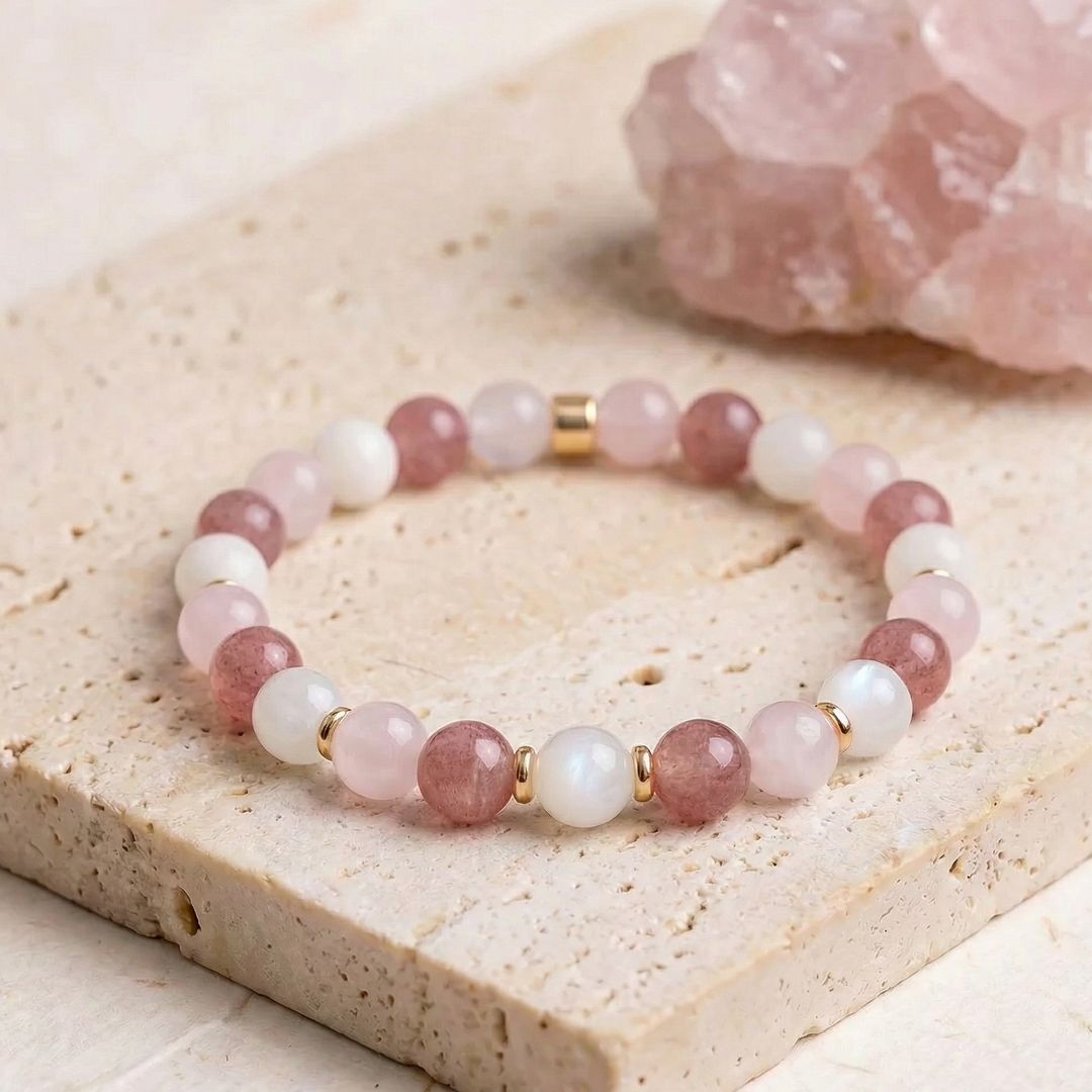 Rose Quartz, Strawberry Quartz & Rainbow Moonstone Bracelet