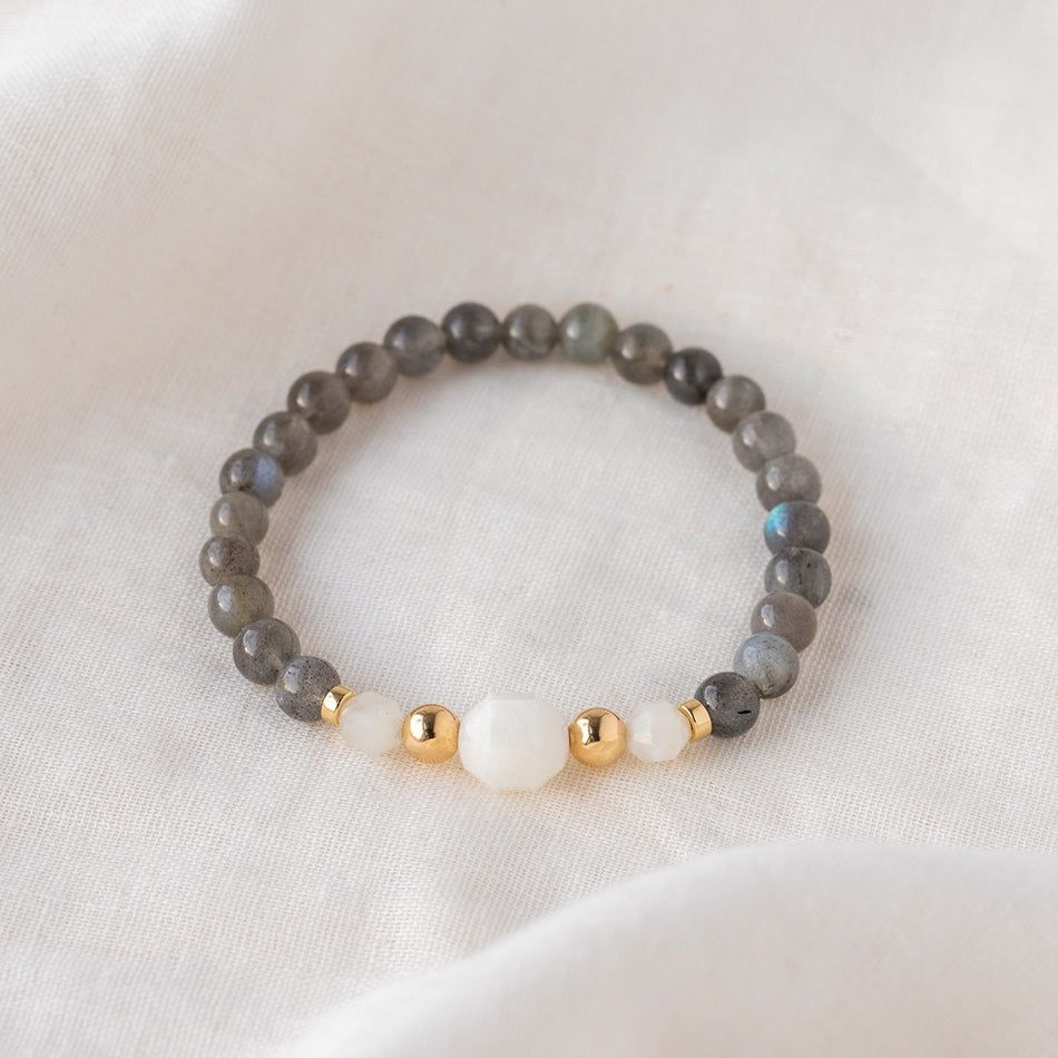 Lunar Radiance Labradorite Gemstone Bracelet with Rose Quartz and Gold Details