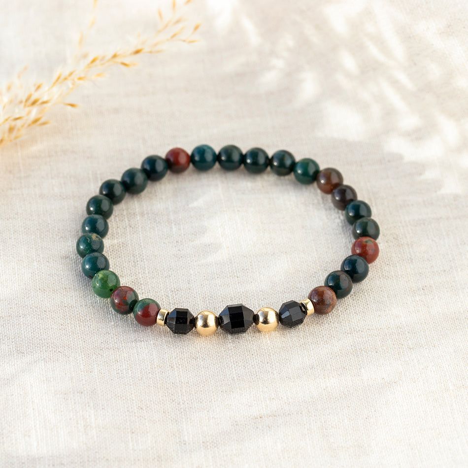 Black Tourmaline & Bloodstone Bracelet - Protective Crystal Jewellery with Gold Details