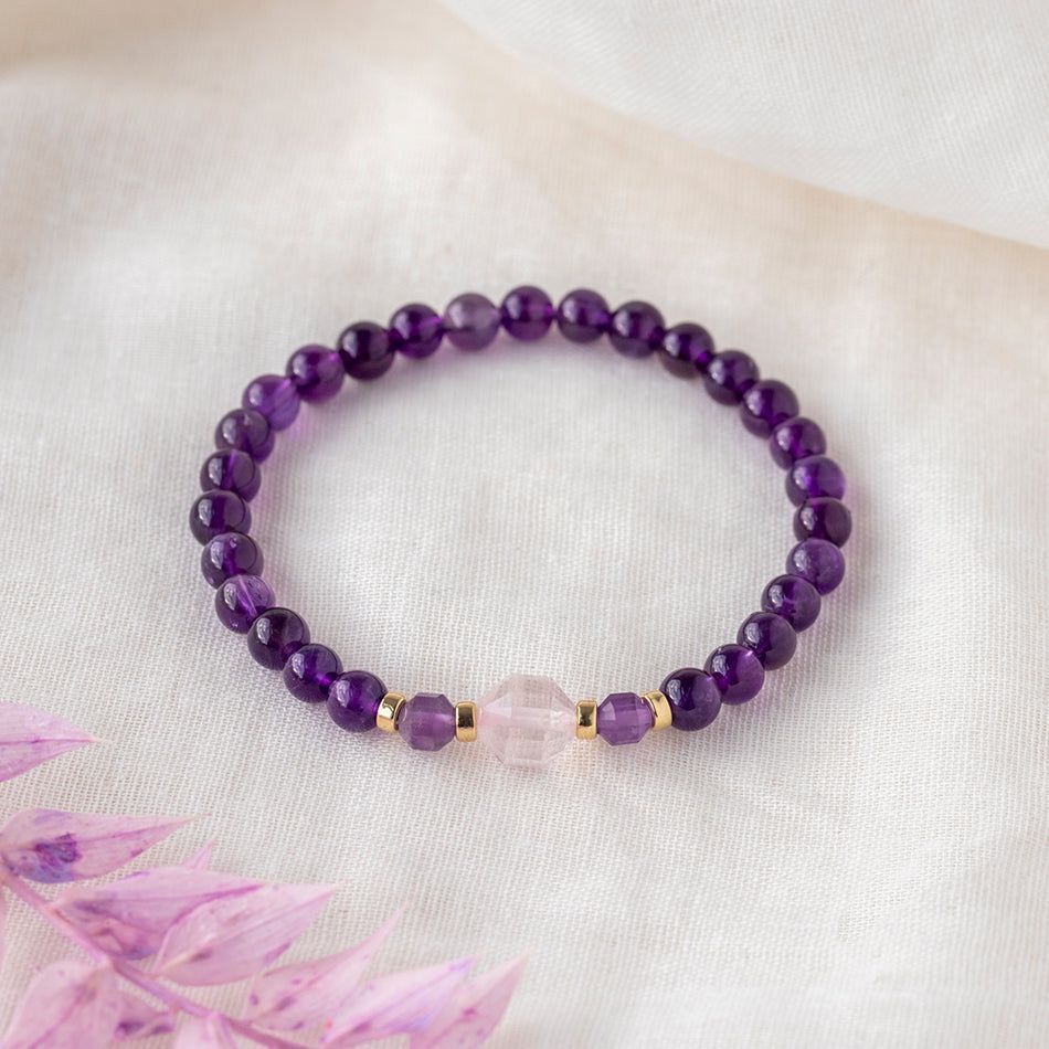 Soul Soother Amethyst Gemstone Bracelet with Rose Quartz - 6mm Beads