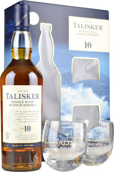 Talisker 10 Year Old Single Malt Whisky 70cl with 2 Glasses Gift Set