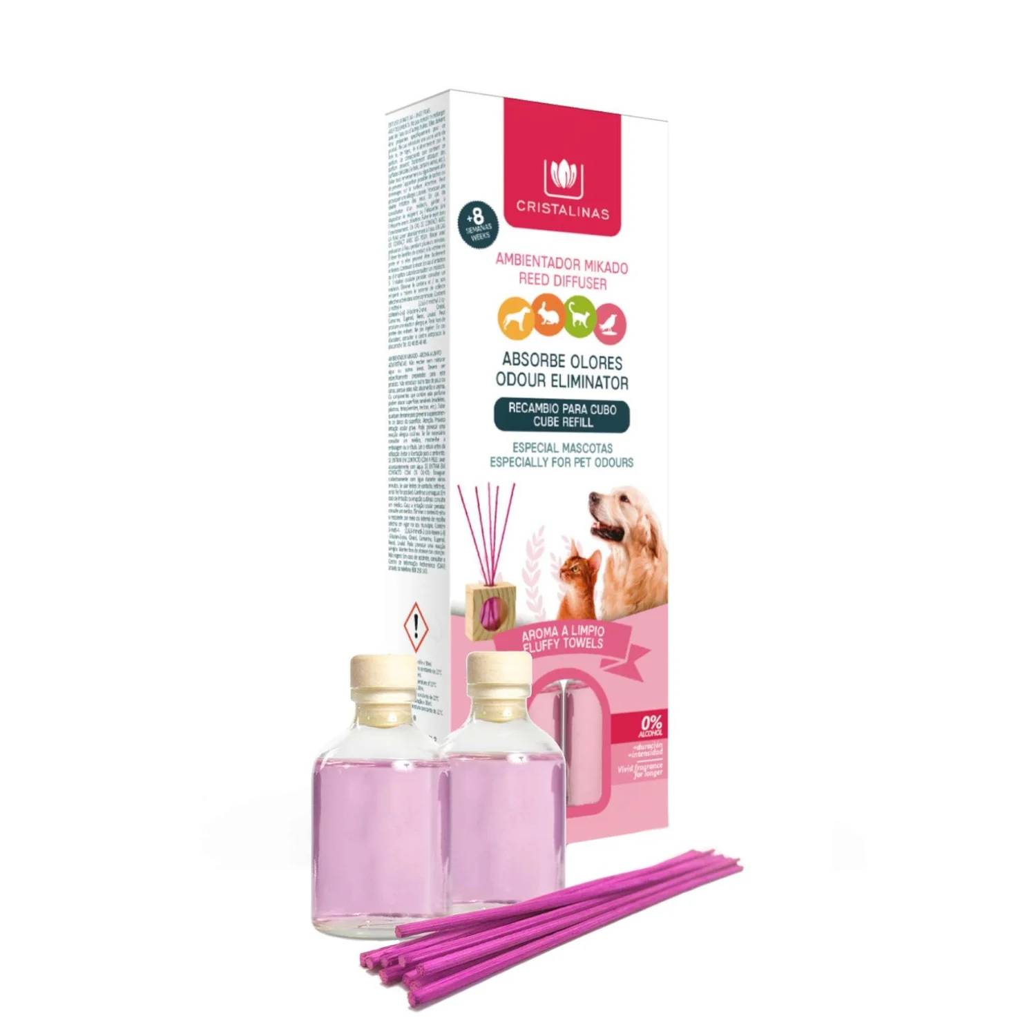 Cristalinas Pets Reed Diffuser Fluffy Towels Pet Odour Eliminating Diffuser Refills x2 30ml