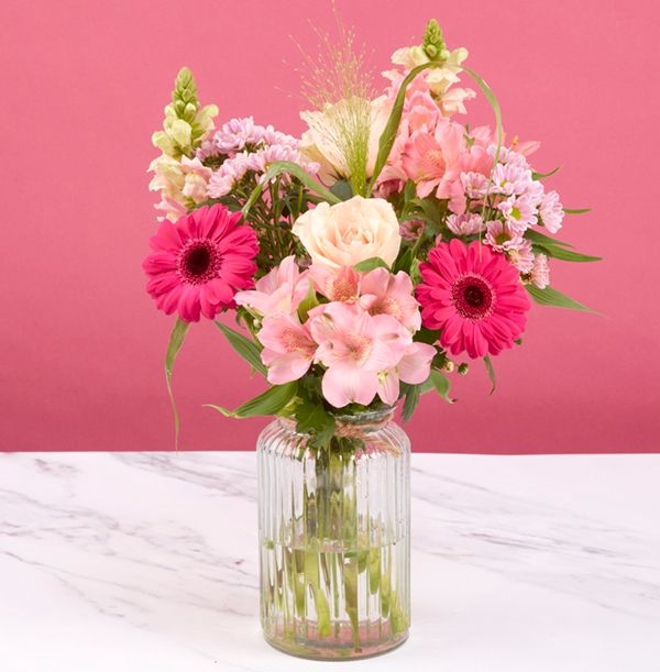 Peach Rose & Gemini Arrangement in Glass Vase