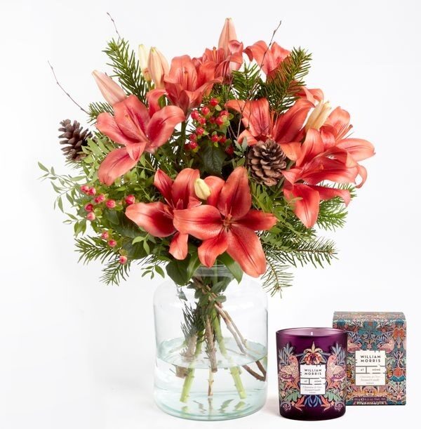 Festive Red Lily and Candle Gift Set