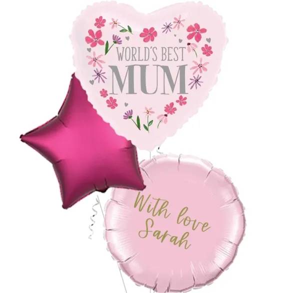 Worlds Best Mum Floral Heart Balloon (3 Balloons Gift Boxed)