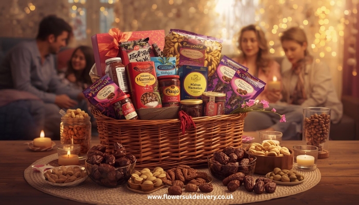 Send gift hampers UK delivery with dates nuts chocolates for Ramadan Placement: After family gifts section