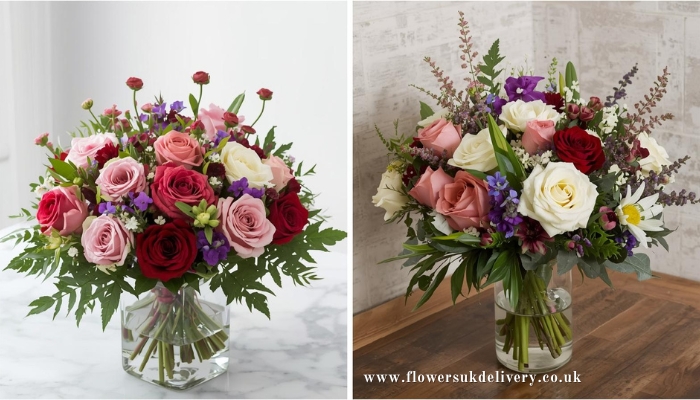 Traditional anniversary flowers displayed with milestone gifts UK