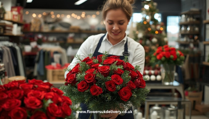 image-alt: skilled florist arranging red roses and evergreen branches in bright professional flower shop with seasonal decorations