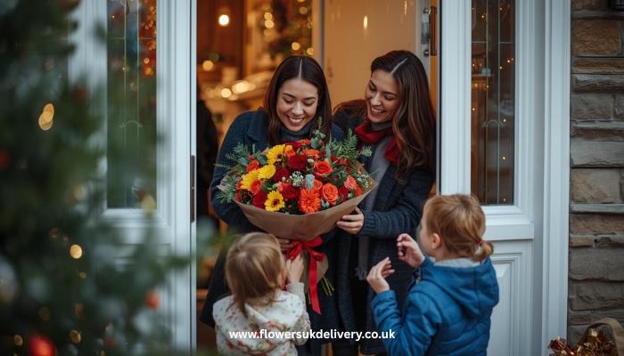 smiling family opening door to receive beautiful Christmas flower bouquet delivery with excited children looking at colorful flowers