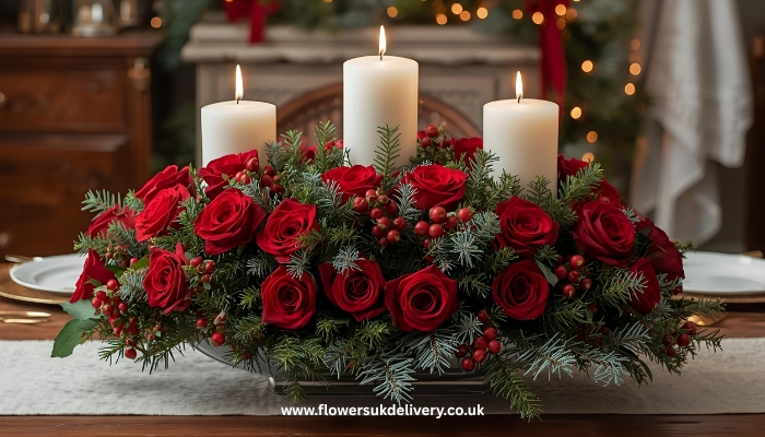 image-alt: elegant red rose arrangement with white candles and fresh evergreen branches on festive table