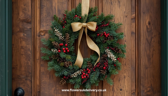 festive Christmas wreath featuring pine branches, red berries, and gold ribbon hanging on rustic wooden door