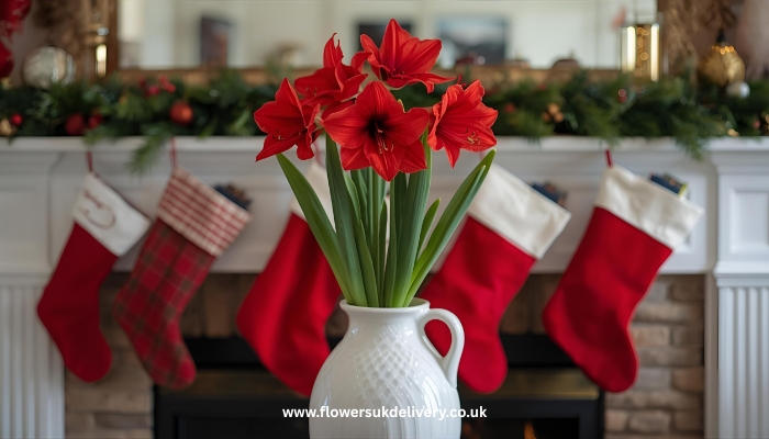 red amaryllis flowers in white ceramic vase displayed on fireplace mantel decorated with Christmas stockings and greenery
