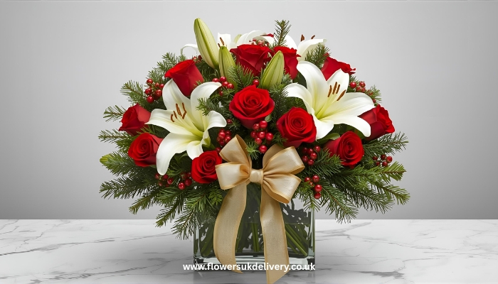 festive mixed bouquet featuring red roses, white lilies, pine branches, red berries, and gold ribbon in glass vase