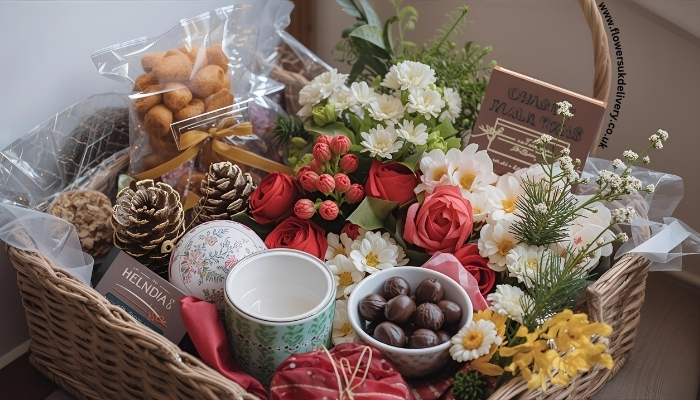 Christmas gift hampers UK featuring flowers, treats, and holiday beverages Placement: After this subsection