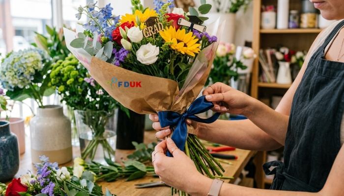 Graduation Flowers UK delivery bouquet with sunflowers and roses for Class of 2026 Relevance: Sets the tone for the article and shows what a typical graduation bouquet looks like