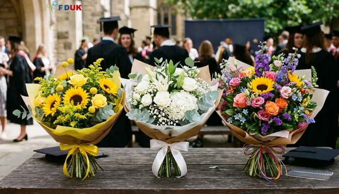 Best graduation flower arrangements UK 2026 — yellow sunflower bouquet, white rose bouquet, and mixed colourful bouquet Relevance: Helps readers visualise their options and compare styles