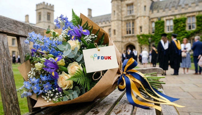 A personalised graduation flower bouquet with a Personal message card and university-coloured ribbons