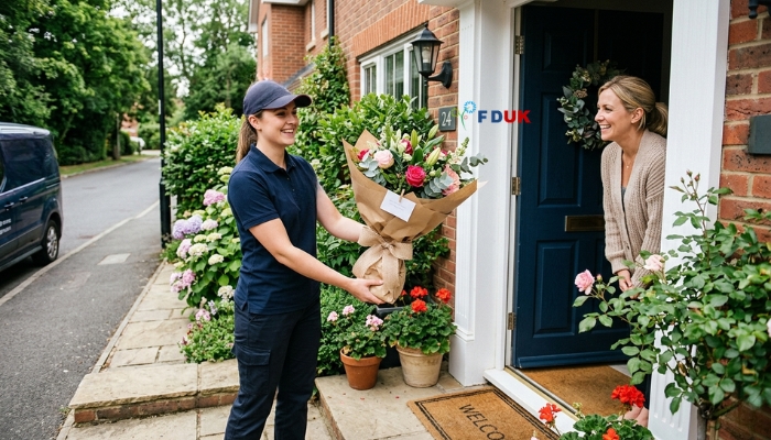 A delivery driver handing over a beautifully wrapped flower bouquet at a front door