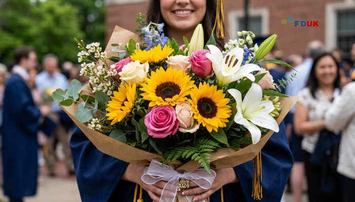 Best flowers for graduation UK — sunflowers, roses, and lilies bouquet for Class of 2026 Relevance: Helps readers understand the meaning behind each flower