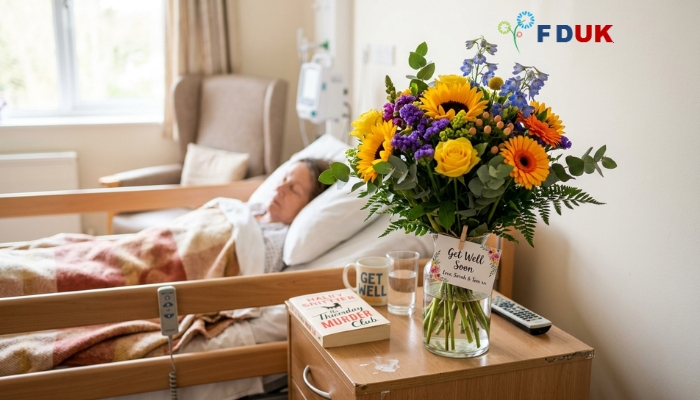 Fresh flowers get well soon gift UK – sunflowers and pink roses in vase Relevance: Visually supports the idea that flowers brighten a recovery space