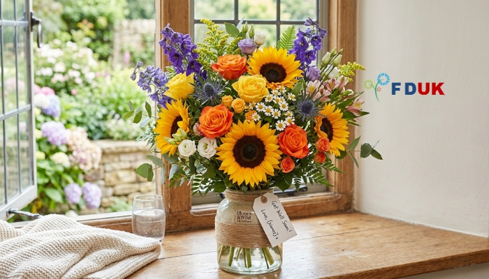 Personalized Get Well Soon Gifts UK – flowers with chocolates and teddy bear Relevance: Illustrates how to build a complete, personalized gift bundle