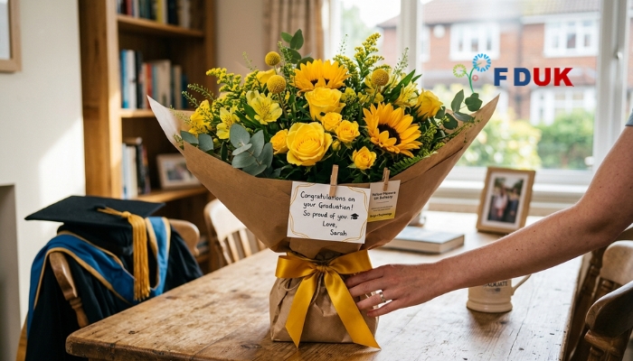 Yellow flowers UK delivery graduation bouquet symbolizing growth and success Placement: Within this section