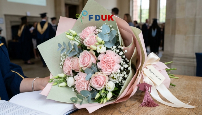 Fresh graduation flowers UK pastel bouquet pink roses and carnations Placement: After luxury bouquet description