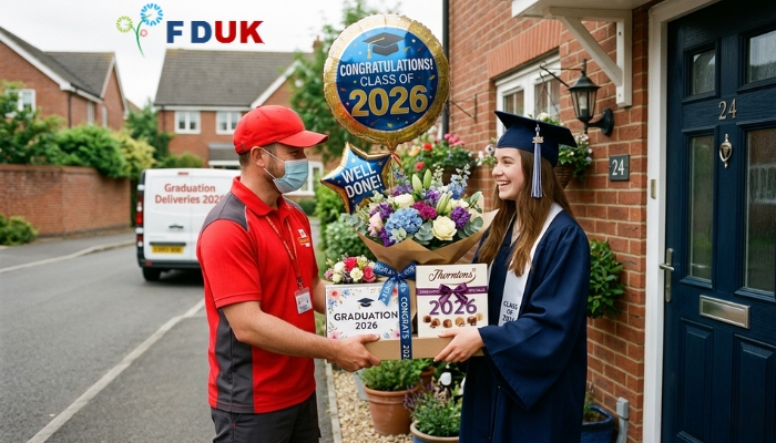 Graduation gift flowers UK delivery with chocolates and balloon add-ons Placement: Within this section
