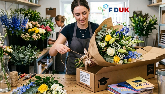 Fresh graduation flowers UK delivery packing bouquet for same day order Placement: After the steps