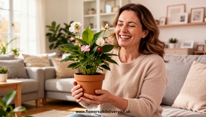 Happy woman receiving Mothers Day Plants Delivery indoors.