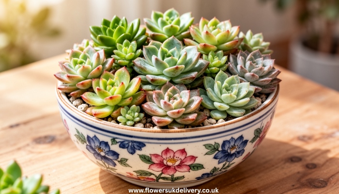 Mixed succulent bowl for Mother's Day gift.
